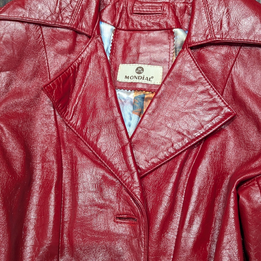 Women's Red Genuine Leather Coat - Picture 4 of 11